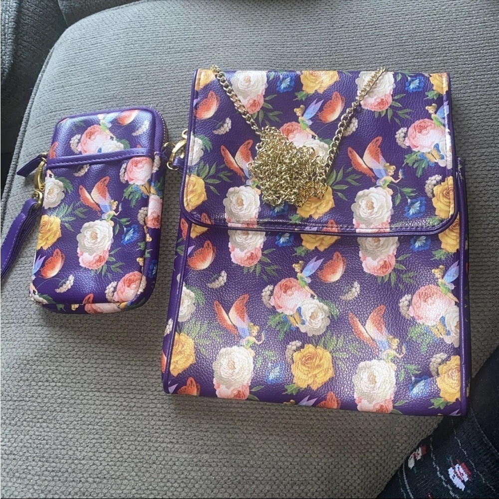 Disney Parks TINKERBELL Purple Floral Tablet Case Crossbody Purse Bag & Wristlet